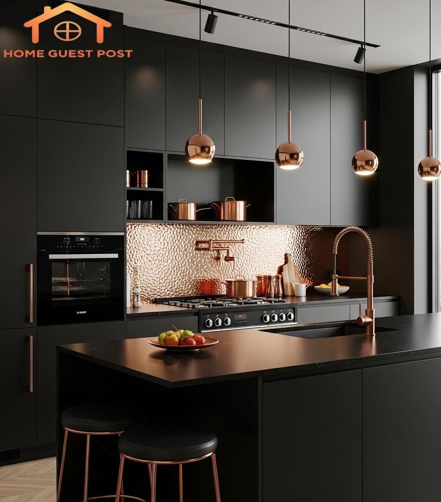 High-Contrast Black & Copper Kitchen