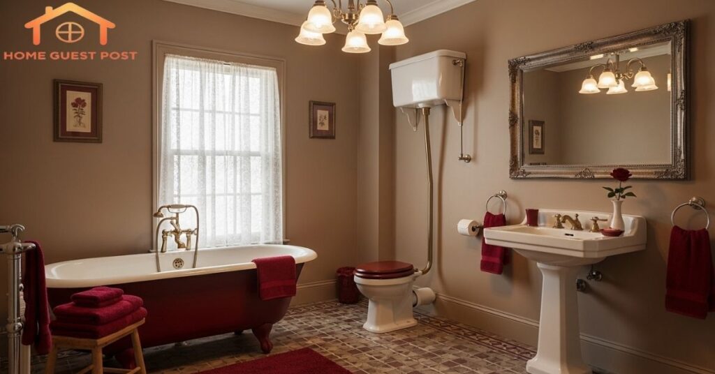 Minimalist Taupe and Burgundy Escape Bathroom