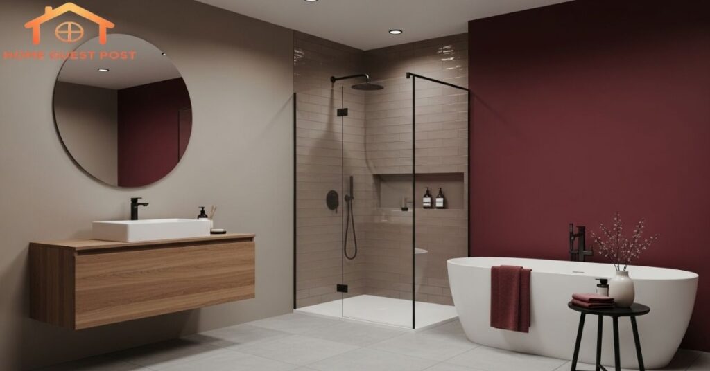 Minimalist Taupe and Burgundy Escape Bathroom
