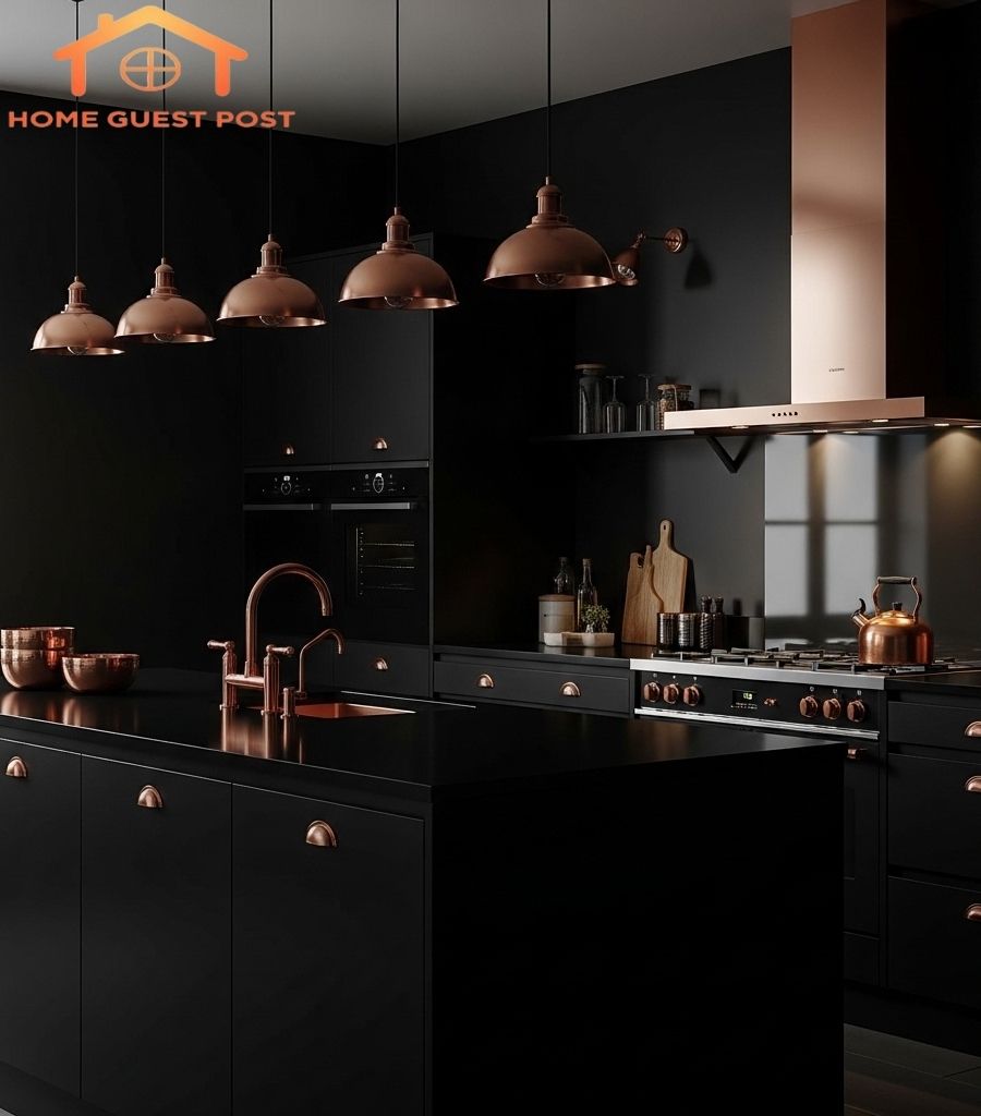 Moody Black Kitchen with Copper Highlights
