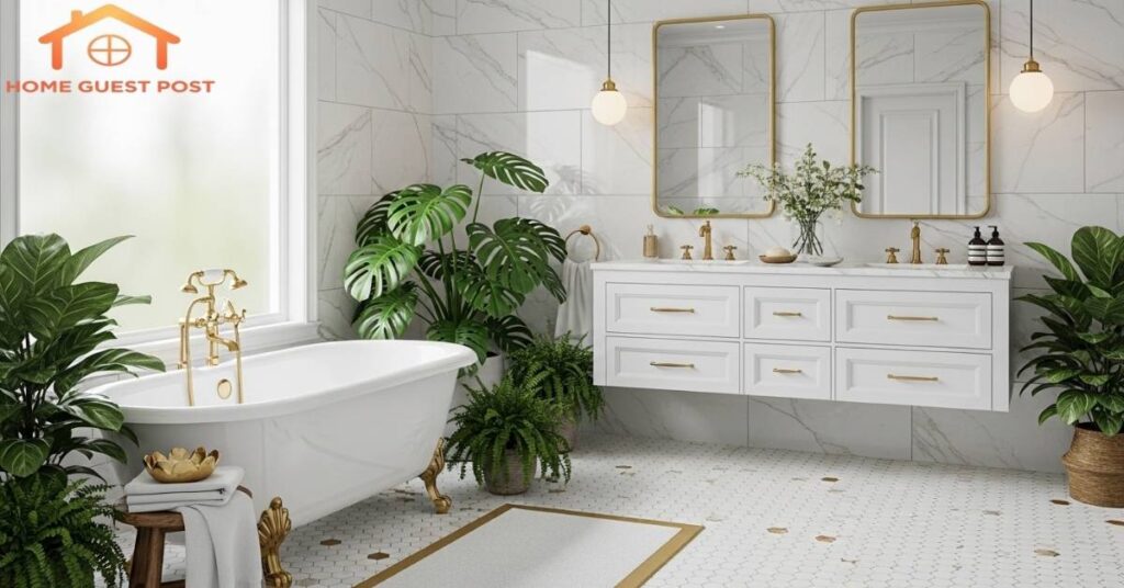 Nature-Inspired White and Gold Oasis Bathroom