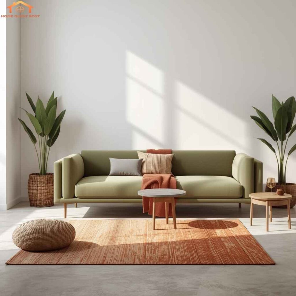 Sage Sofas with Terracotta Rugs